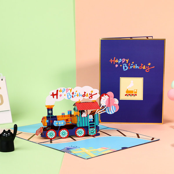 bunte Eisenbahn Pop-up 3D-Geburtstagskarte